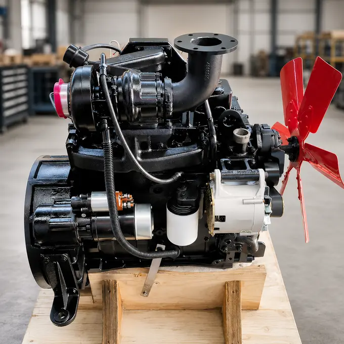 4BT Cummins diesel engine on wooden pallet in clean workshop