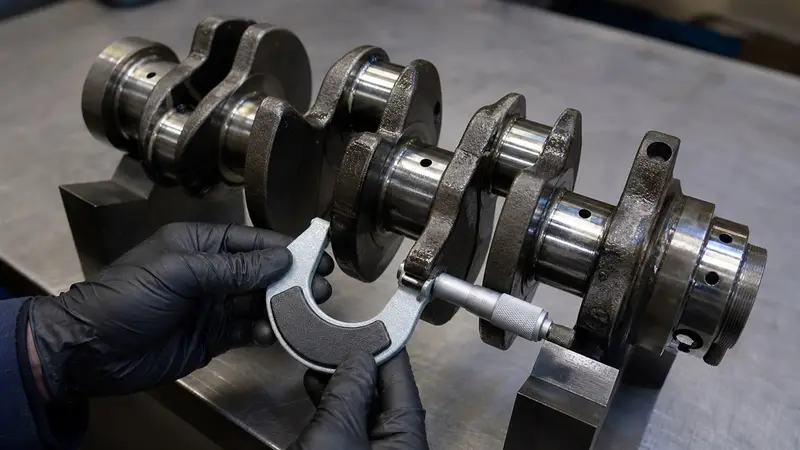 Technician measuring a four-cylinder diesel crankshaft journal with a micrometer