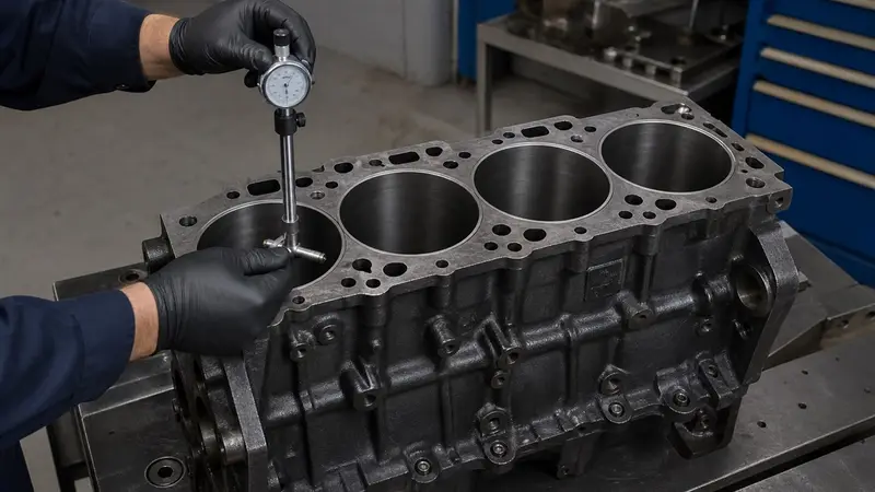 Technician measuring a four-cylinder diesel engine bore with a dial bore gauge