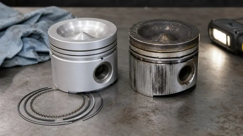 New diesel piston compared with a worn and scored piston during engine inspection