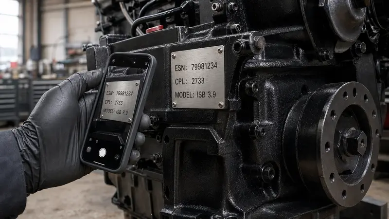 Technician photographing Cummins engine dataplate showing ESN, CPL and model