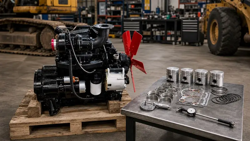 Cummins 4BT engine on a wooden pallet with rebuild parts in a diesel equipment workshop